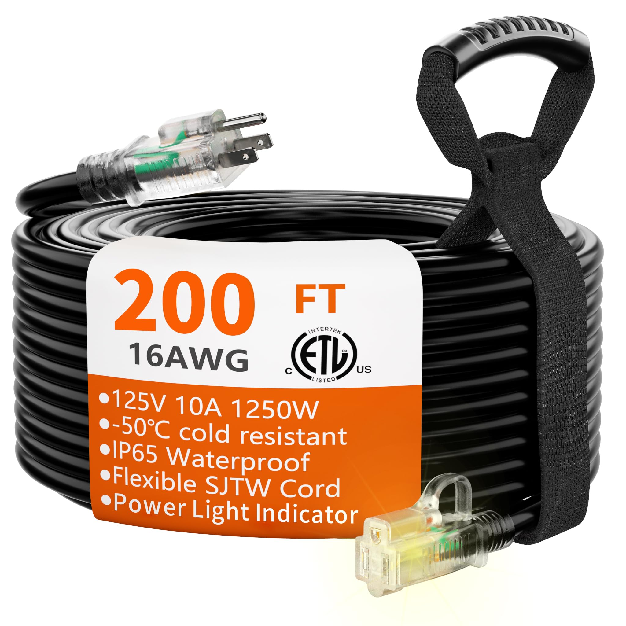 HUANCHAIN Indoor Outdoor Black Extension Cord 50 ft Waterproof, 16/3 Gauge Flexible Resistant Appliance Extension Cord Outside, 13A 1625W 16AWG SJTW, 3 Prong Heavy Duty Electric Cable, ETL Listed